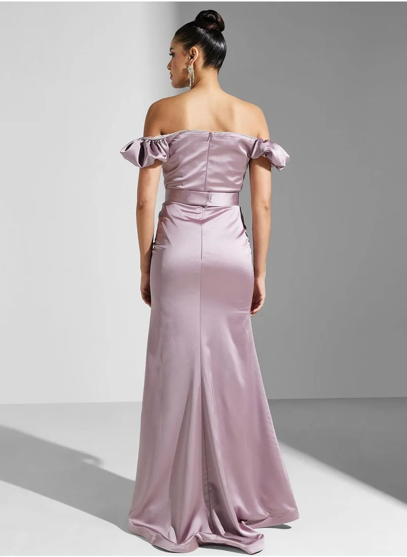 Akadia Fashion Bardot Balloon Sleeve Front Slit Dress