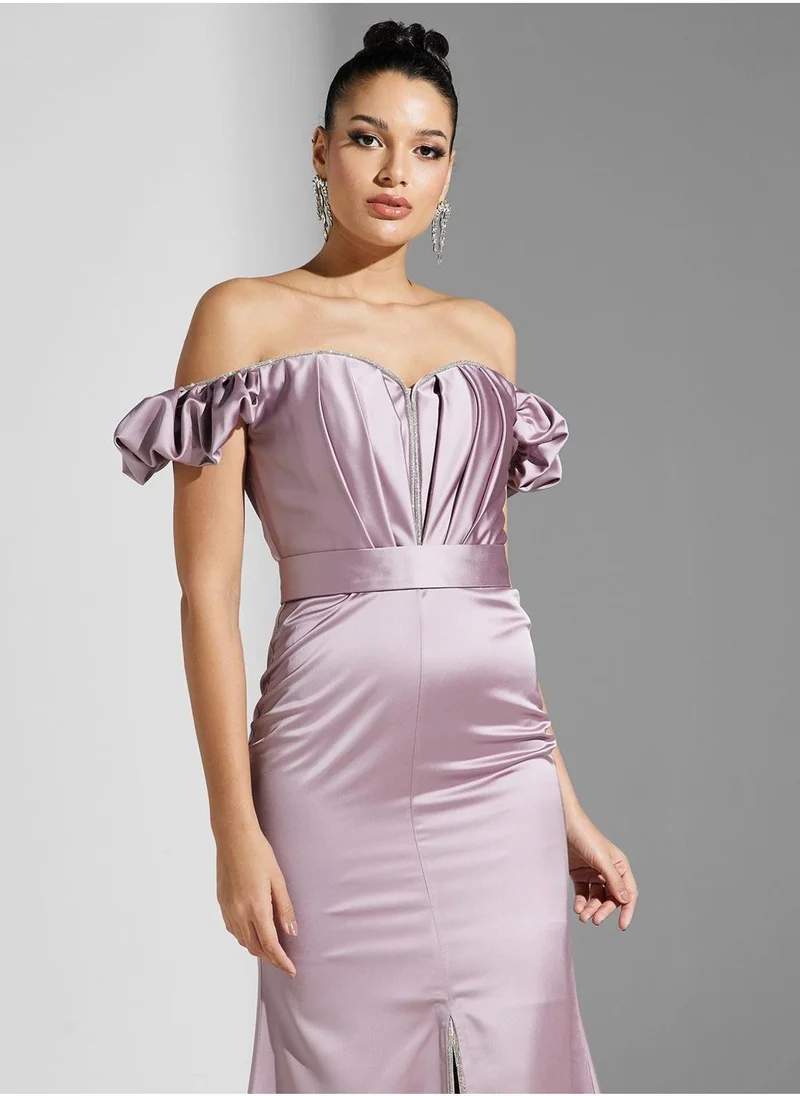 Akadia Fashion Bardot Balloon Sleeve Front Slit Dress