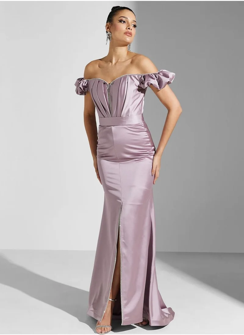 Akadia Fashion Bardot Balloon Sleeve Front Slit Dress