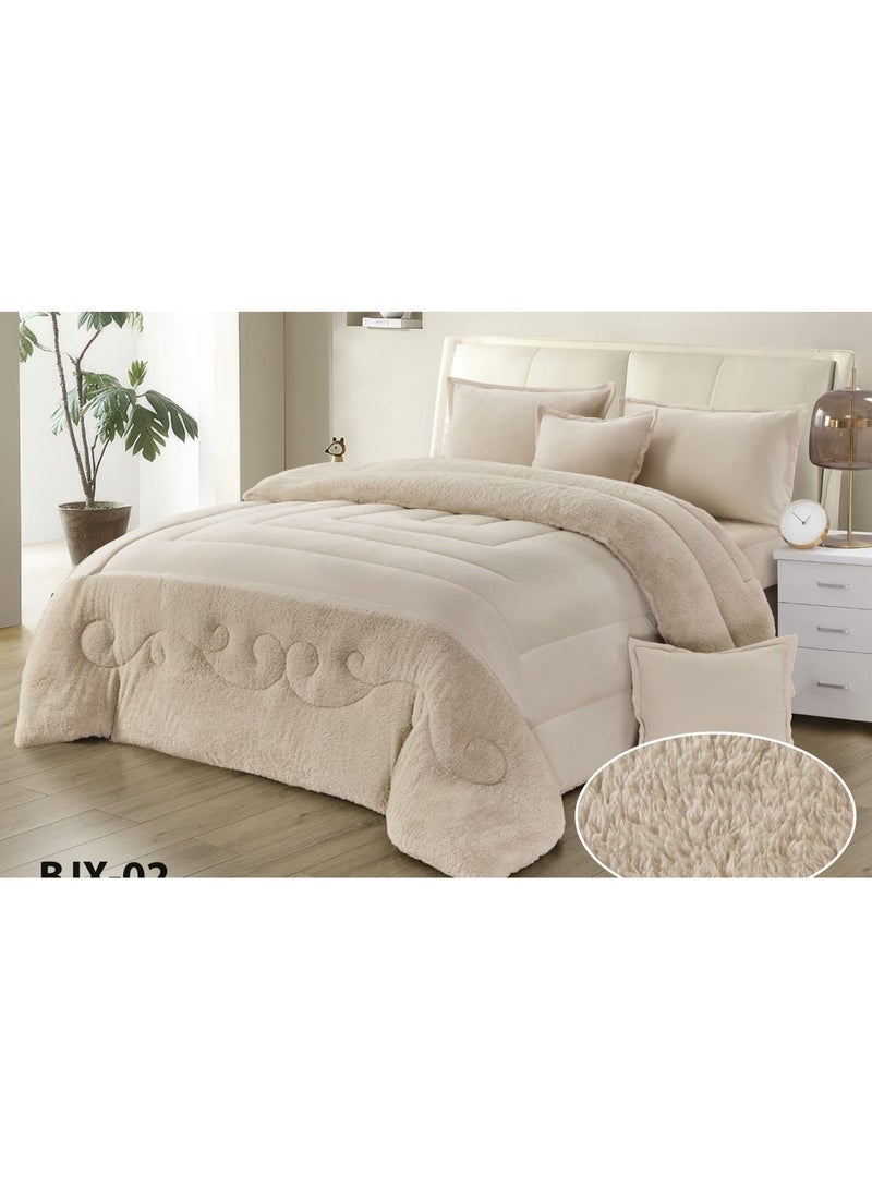مون مفرش سرير نفرين شتوي يتكون من 6 قطع بتصميم مخمل السادة والفرو مقاس اللحاف 240x220 سم - Image 1