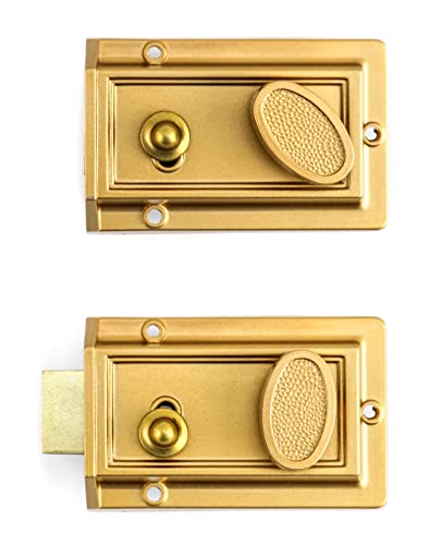 QWORK Night Latch Deadbolt Rim Lock with Key, 2Pack Gold Finish Antique Style Lock with Front Door Key - Image 3