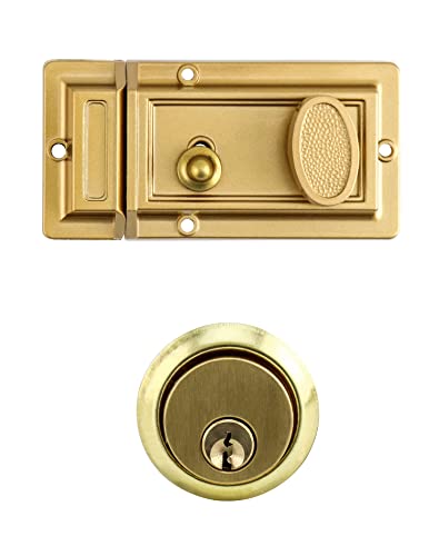 QWORK Night Latch Deadbolt Rim Lock with Key, 2Pack Gold Finish Antique Style Lock with Front Door Key - Image 2