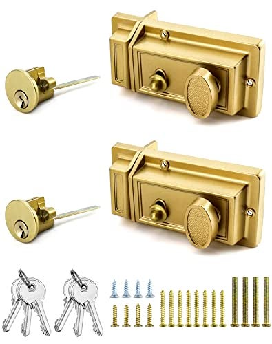 QWORK Night Latch Deadbolt Rim Lock with Key, 2Pack Gold Finish Antique Style Lock with Front Door Key - Image 1