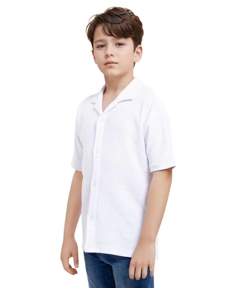 Rare Ones Rare Ones Kids Colen White Jacquard Half Sleeves Cuban Collar Boxy Fit Shirt