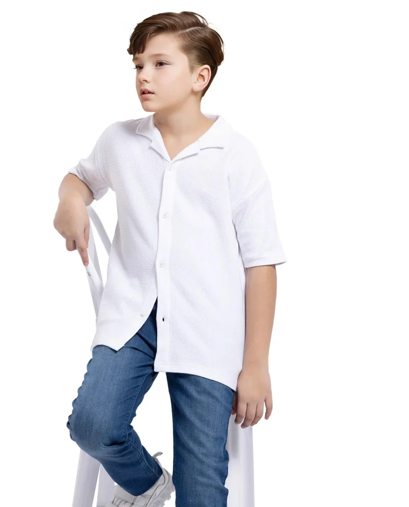 Rare Ones Rare Ones Kids Colen White Jacquard Half Sleeves Cuban Collar Boxy Fit Shirt