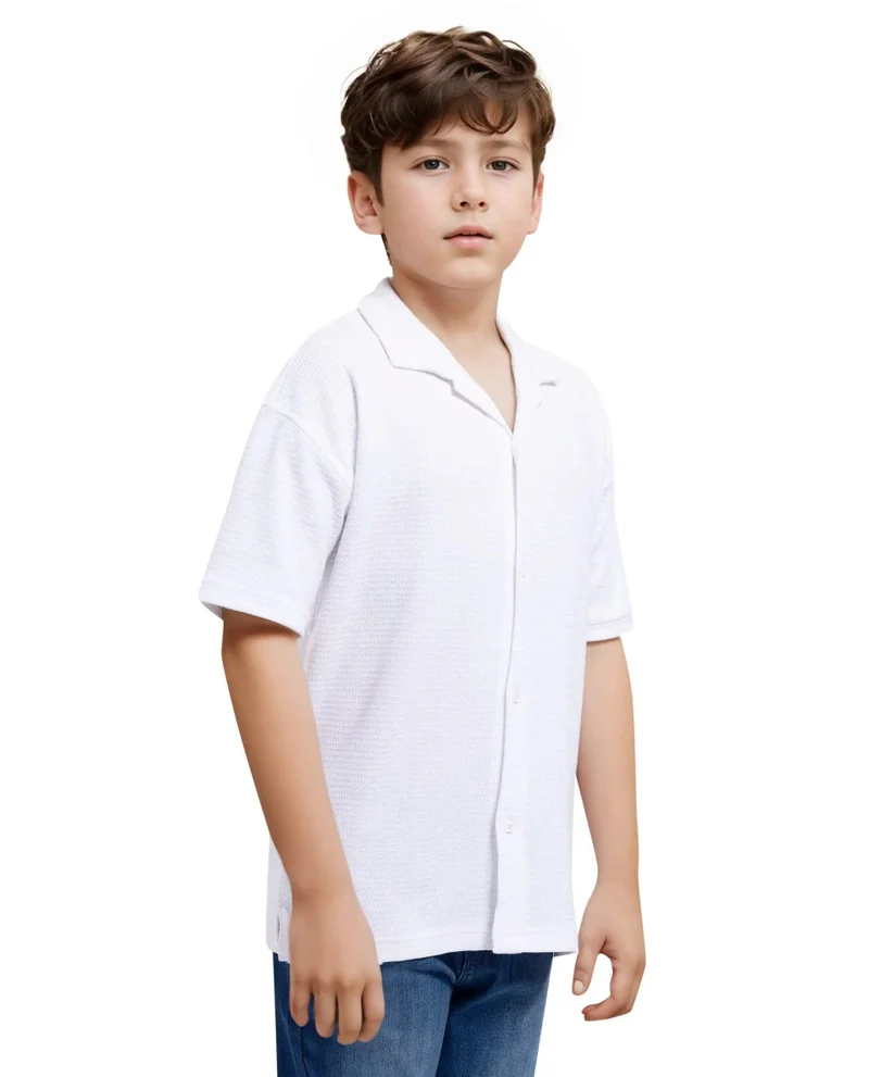 Rare Ones Rare Ones Kids Colen White Jacquard Half Sleeves Cuban Collar Boxy Fit Shirt