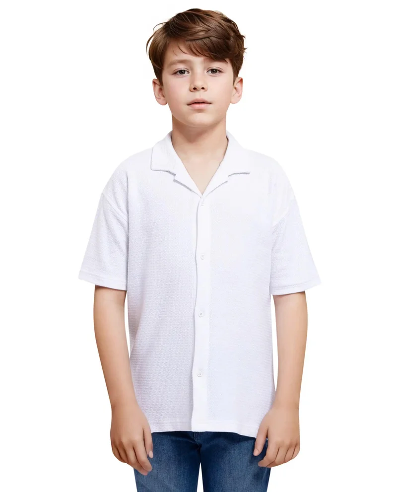 Rare Ones Rare Ones Kids Colen White Jacquard Half Sleeves Cuban Collar Boxy Fit Shirt