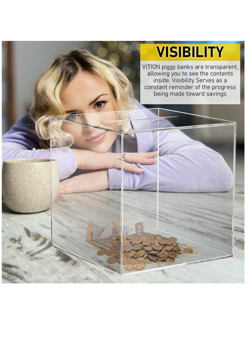 VITION Clear Piggy Bank for Adults Kids, Acrylic Piggy Bank for Boys Girls to Saving Money Cash Coin, Must Break to Open (12 x 12 cm, Crystal Clear) - Image 2