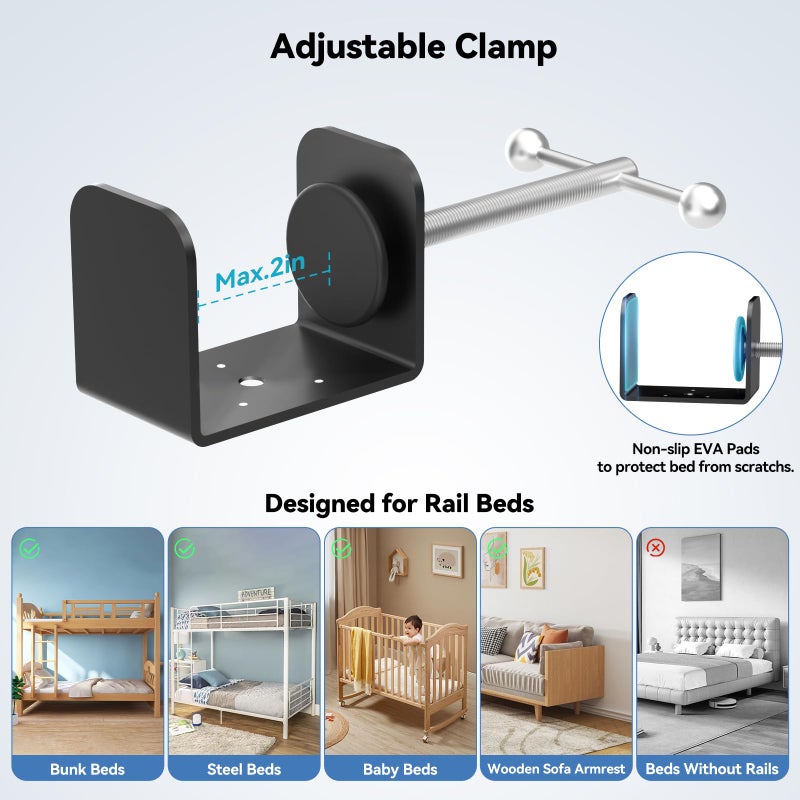 CLESOO Bedside Shelf Bunk Bed Shelf Bedside Organizer Adjustable Height Top Bunk Bed Accessories Nightstand Tray with Cup Holder Clip On Bedside Table Tray Headboard Shelf Organizer College Dorm Room Black - Image 5