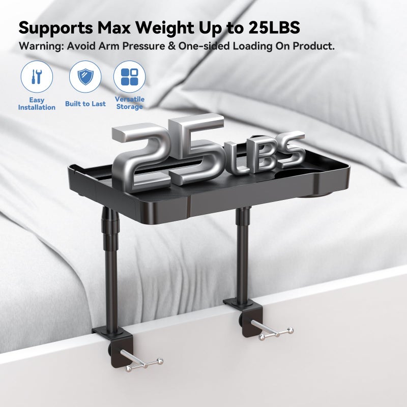CLESOO Bedside Shelf Bunk Bed Shelf Bedside Organizer Adjustable Height Top Bunk Bed Accessories Nightstand Tray with Cup Holder Clip On Bedside Table Tray Headboard Shelf Organizer College Dorm Room Black - Image 2