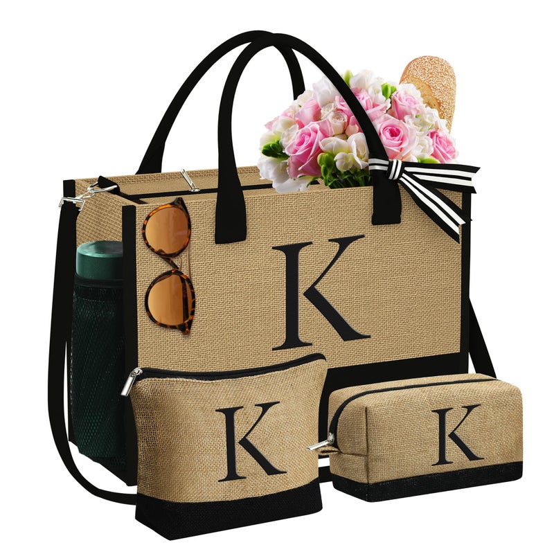 YOOLIFE Gifts for Women - Personalized Monogram Beach Jute Tote Bag, Birthday Gifts for Women Teacher Appreciation Friend Gift Unique Gift for Her Female Initial Beach Bag Letter K - Image 1