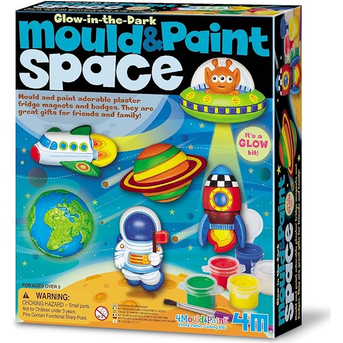 4m Mould & Paint Glow Space Kit â€“ DIY Plaster Space-Themed Magnets & Badges for Kids Ages 5+ | Cast & Paint Planets, Stars & UFOs with Glow-In-The-Dark Effects | STEM Craft Kit | 403546
