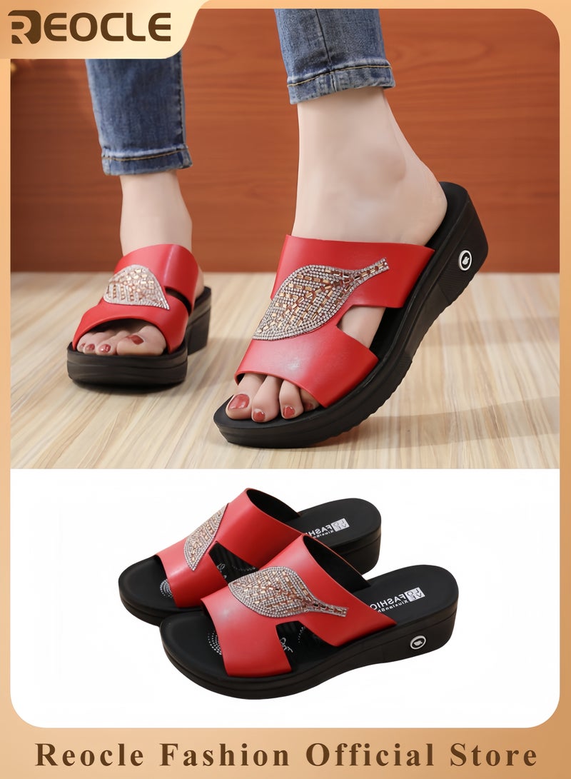 ريوكل صندل نسائي بفتحة سمكية شباشب نسائية صيفية بسيطة وأنيقة بتصميم رجعي مجوف بفتحة سمكية صنادل بكعب إسفيني عصري مزينة بالألماس - Image 1