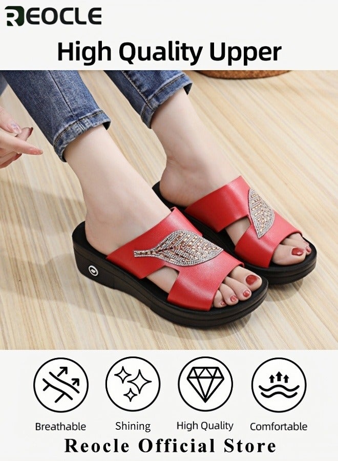 ريوكل صندل نسائي بفتحة سمكية شباشب نسائية صيفية بسيطة وأنيقة بتصميم رجعي مجوف بفتحة سمكية صنادل بكعب إسفيني عصري مزينة بالألماس - Image 4