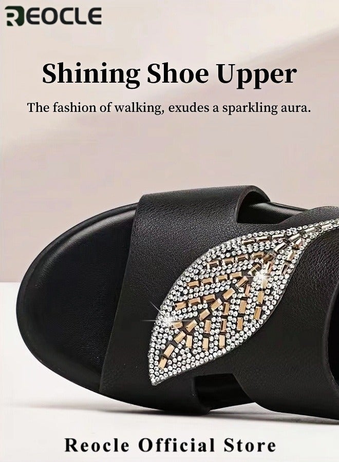 ريوكل صندل نسائي بفتحة سمكية شباشب نسائية صيفية بسيطة وأنيقة بتصميم رجعي مجوف بفتحة سمكية صنادل بكعب إسفيني عصري مزينة بالألماس - Image 3