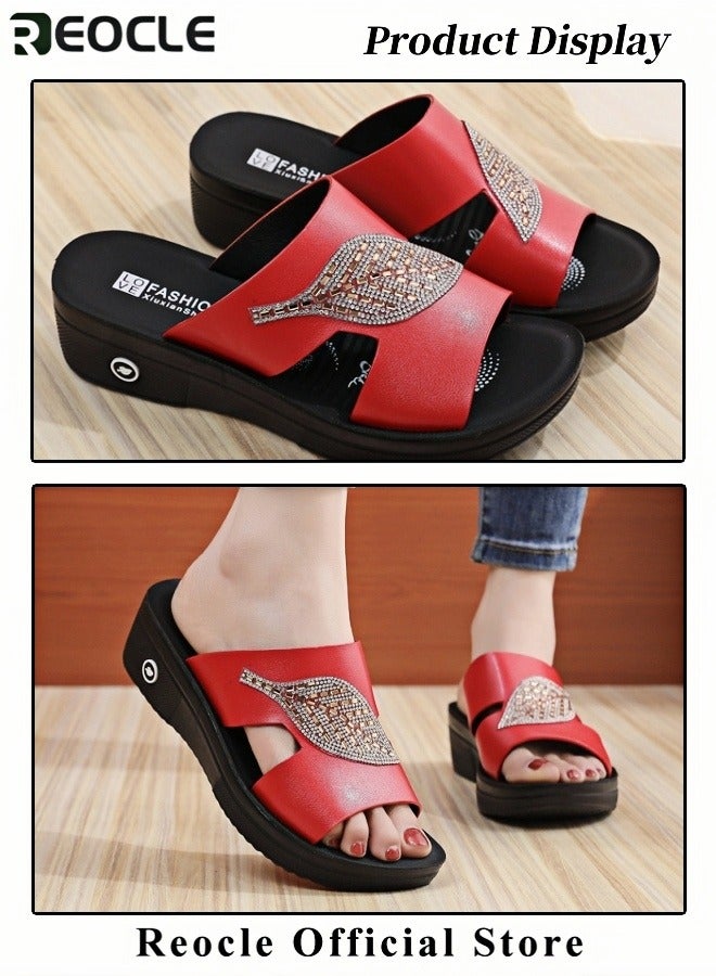 ريوكل صندل نسائي بفتحة سمكية شباشب نسائية صيفية بسيطة وأنيقة بتصميم رجعي مجوف بفتحة سمكية صنادل بكعب إسفيني عصري مزينة بالألماس - Image 5