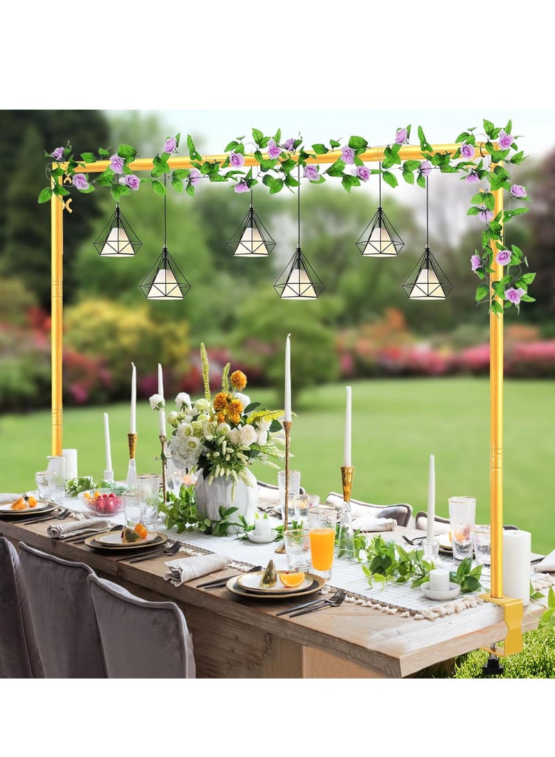 رات سو فوق عصا الطاولة حامل القوس المعدني منصة خلفية مع مصابيح، منصة قوس الطاولة القابلة للتعديل، عرض 1.2m-2m، ارتفاع 1m حامل طاولة البالون، قوس الزهور المزخرف لحفلة عيد الميلاد، الذهب - Image 1