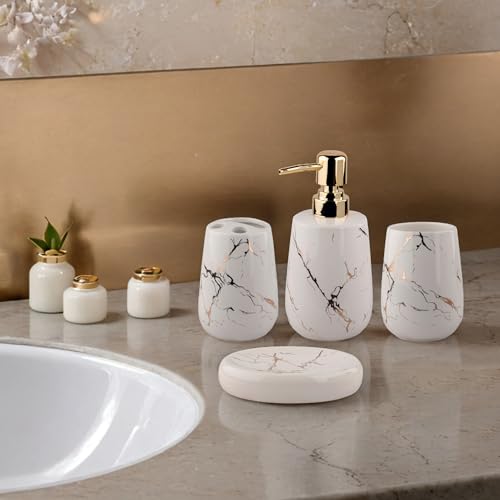 STORE 2508 Store2508 Ceramic 4 Pcs Bathroom Accessory Set Marble Design Model-NQ608 Liquid Soap Dispenser Soap Dish (White) - Image 4