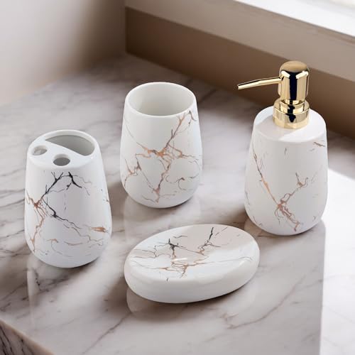 STORE 2508 Store2508 Ceramic 4 Pcs Bathroom Accessory Set Marble Design Model-NQ608 Liquid Soap Dispenser Soap Dish (White) - Image 2