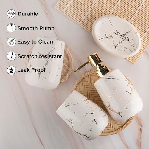 STORE 2508 Store2508 Ceramic 4 Pcs Bathroom Accessory Set Marble Design Model-NQ608 Liquid Soap Dispenser Soap Dish (White) - Image 5