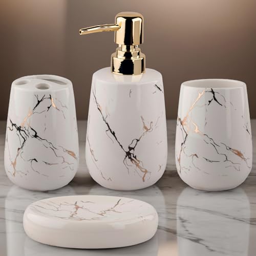 STORE 2508 Store2508 Ceramic 4 Pcs Bathroom Accessory Set Marble Design Model-NQ608 Liquid Soap Dispenser Soap Dish (White) - Image 1