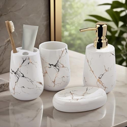 STORE 2508 Store2508 Ceramic 4 Pcs Bathroom Accessory Set Marble Design Model-NQ608 Liquid Soap Dispenser Soap Dish (White) - Image 3