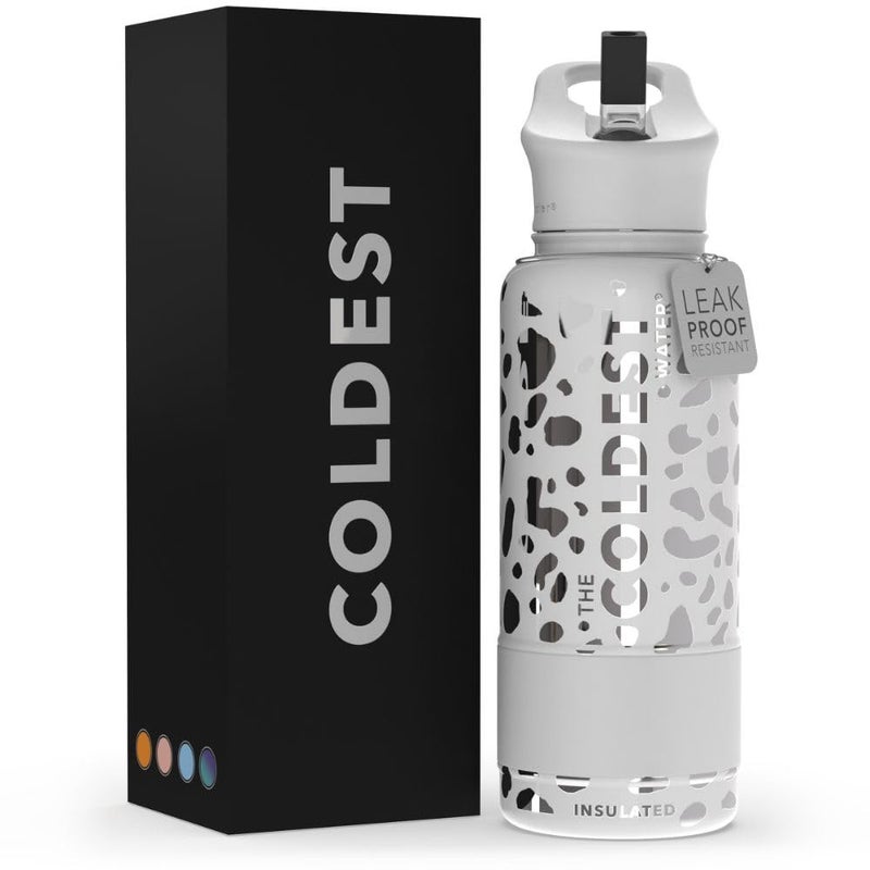 Coldest Insulated Water Bottle with Straw Lid  Stainless Steel Metal Thermos for Men  Women Silver Leopard 32 oz