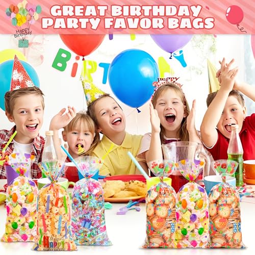 QOIUSO 50PCS Birthday Clear Cellophane Treat Bags: Clear Goodie Bags with 60 Twist Ties for Kids Birthday Party Favors Wrapping, Packaging Candy Cookies Treat Classroom Return Gifts - 4 Colorful Designs - Image 3