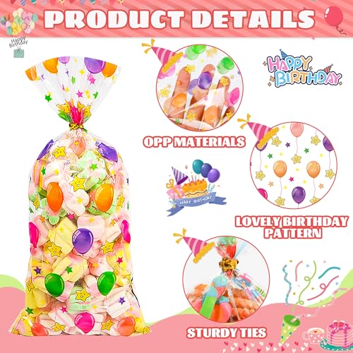 QOIUSO 50PCS Birthday Clear Cellophane Treat Bags: Clear Goodie Bags with 60 Twist Ties for Kids Birthday Party Favors Wrapping, Packaging Candy Cookies Treat Classroom Return Gifts - 4 Colorful Designs - Image 5