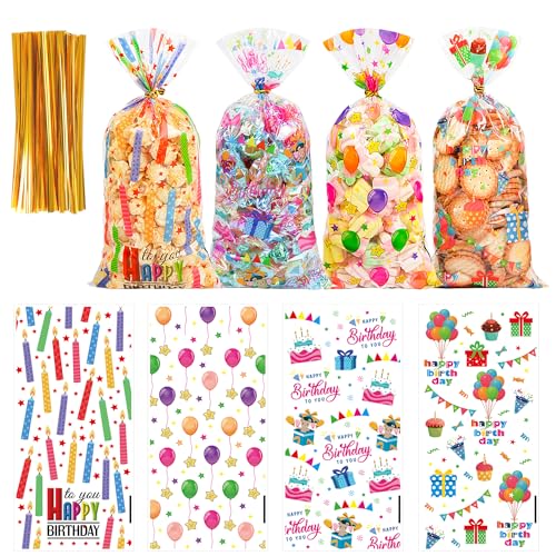 QOIUSO 50PCS Birthday Clear Cellophane Treat Bags: Clear Goodie Bags with 60 Twist Ties for Kids Birthday Party Favors Wrapping, Packaging Candy Cookies Treat Classroom Return Gifts - 4 Colorful Designs - Image 1