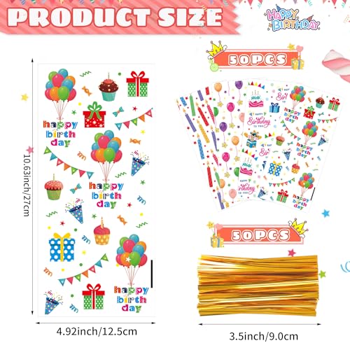 QOIUSO 50PCS Birthday Clear Cellophane Treat Bags: Clear Goodie Bags with 60 Twist Ties for Kids Birthday Party Favors Wrapping, Packaging Candy Cookies Treat Classroom Return Gifts - 4 Colorful Designs - Image 2