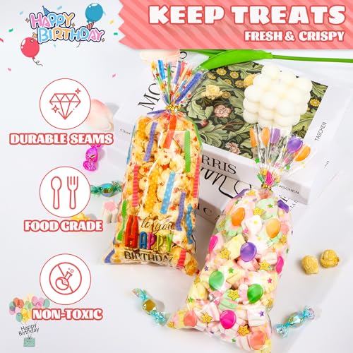 QOIUSO 50PCS Birthday Clear Cellophane Treat Bags: Clear Goodie Bags with 60 Twist Ties for Kids Birthday Party Favors Wrapping, Packaging Candy Cookies Treat Classroom Return Gifts - 4 Colorful Designs - Image 4