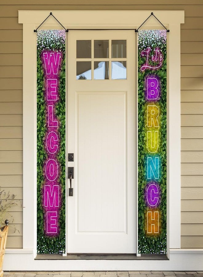 Ticuenicoa Let's Brunch Banner - 2pcs Digital Neon Greenery Pink Rainbow Welcome Lets Brunch Porch Sign Banner | Hanging Door Banner for Welcome Party Festival Party Supplies - Image 1