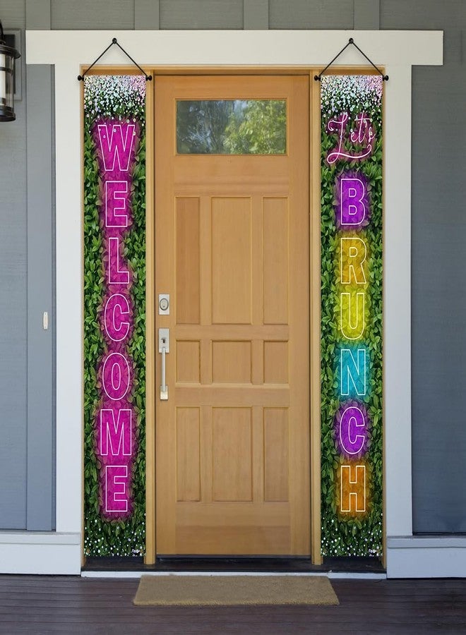 Ticuenicoa Let's Brunch Banner - 2pcs Digital Neon Greenery Pink Rainbow Welcome Lets Brunch Porch Sign Banner | Hanging Door Banner for Welcome Party Festival Party Supplies - Image 2