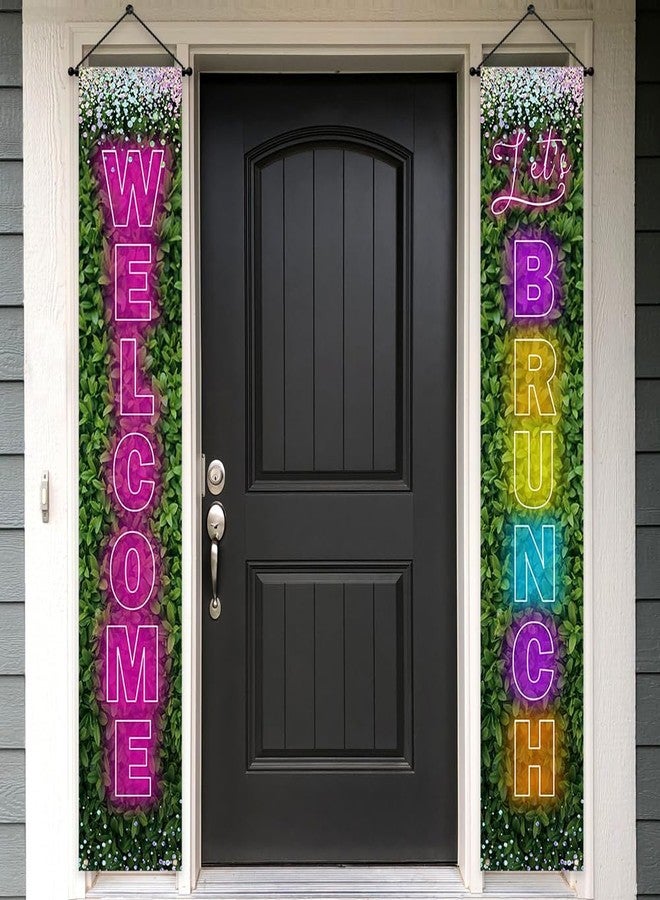 Ticuenicoa Let's Brunch Banner - 2pcs Digital Neon Greenery Pink Rainbow Welcome Lets Brunch Porch Sign Banner | Hanging Door Banner for Welcome Party Festival Party Supplies - Image 3