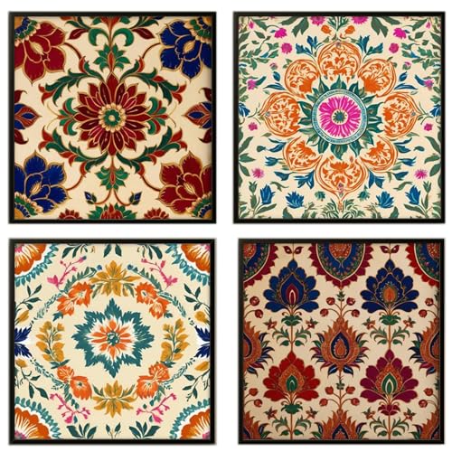 Nozvera 4 PCS MDF Wall Art Set for Living Room Bedroom – Traditional Floral Mandala Design – 16x16 Inch Each – UV Laminated Sparkle Finish, Ready to Hang, Home Wall Decor - Image 1