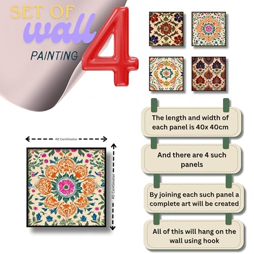 Nozvera 4 PCS MDF Wall Art Set for Living Room Bedroom – Traditional Floral Mandala Design – 16x16 Inch Each – UV Laminated Sparkle Finish, Ready to Hang, Home Wall Decor - Image 5
