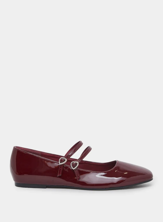 Styli Styli Burgundy Patent Heart Strap Ballerina Shoes