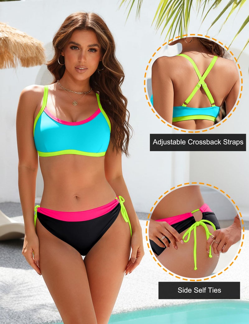 BMJL Womens Swim Suits 2026 Color Block Bikini Sets Sporty Two Piece Bathing Suit Beach Vacation(S,Black and Blue) - Image 4