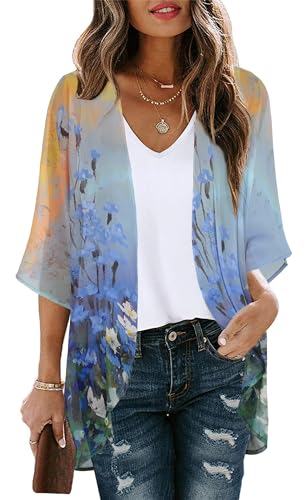 CHICGAL Womens Casual Tops Bathing Suit Cover Up Summer Kimono Cardigan Hawaiian Shirts (Sunset and Flowers, M) - Image 1