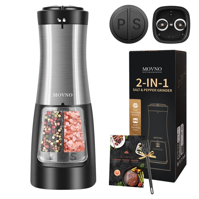 MOVNO مجموعة مطحنة الملح والفلفل الكهربائية 2 في 1 من موفنو تعمل بالبطارية مع تشغيل بيد واحدة مطحنة سيراميك قابلة للتعديل مع ضوء LED
