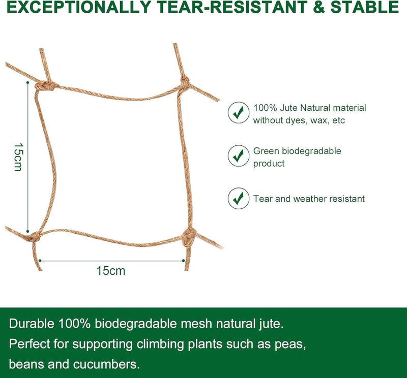 Miuezuth Jute Trellis Netting - Jute Netting for Garden, Heavy Duty Plant Support Netting for Climbing Plants, Cucumber, Vine, Fruits & Vegetables, Climbing Vining Plants (6.6 Ft x 9.8 Ft, 5.9 Inch Squares) - Image 2