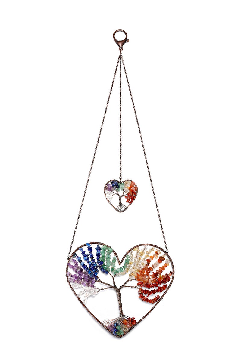 JOVIVI Double Heart Tree of Life Hanging Ornament 7 Chakra Reiki Healing Crystals Stones Gemstone Meditation Window Wall Hanger for Feng Shui Yoga Home Indoor Decor - Image 1