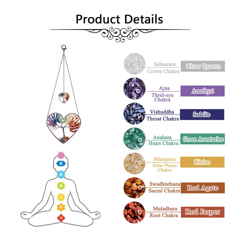 JOVIVI Double Heart Tree of Life Hanging Ornament 7 Chakra Reiki Healing Crystals Stones Gemstone Meditation Window Wall Hanger for Feng Shui Yoga Home Indoor Decor - Image 4