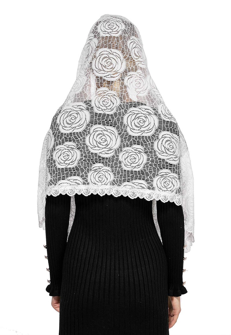 Wgior Rose Rectangular Chapel Veil Scarf Catholic Church Veils Mantilla Wrap Shawl Mass Head Covering (White) - Image 5