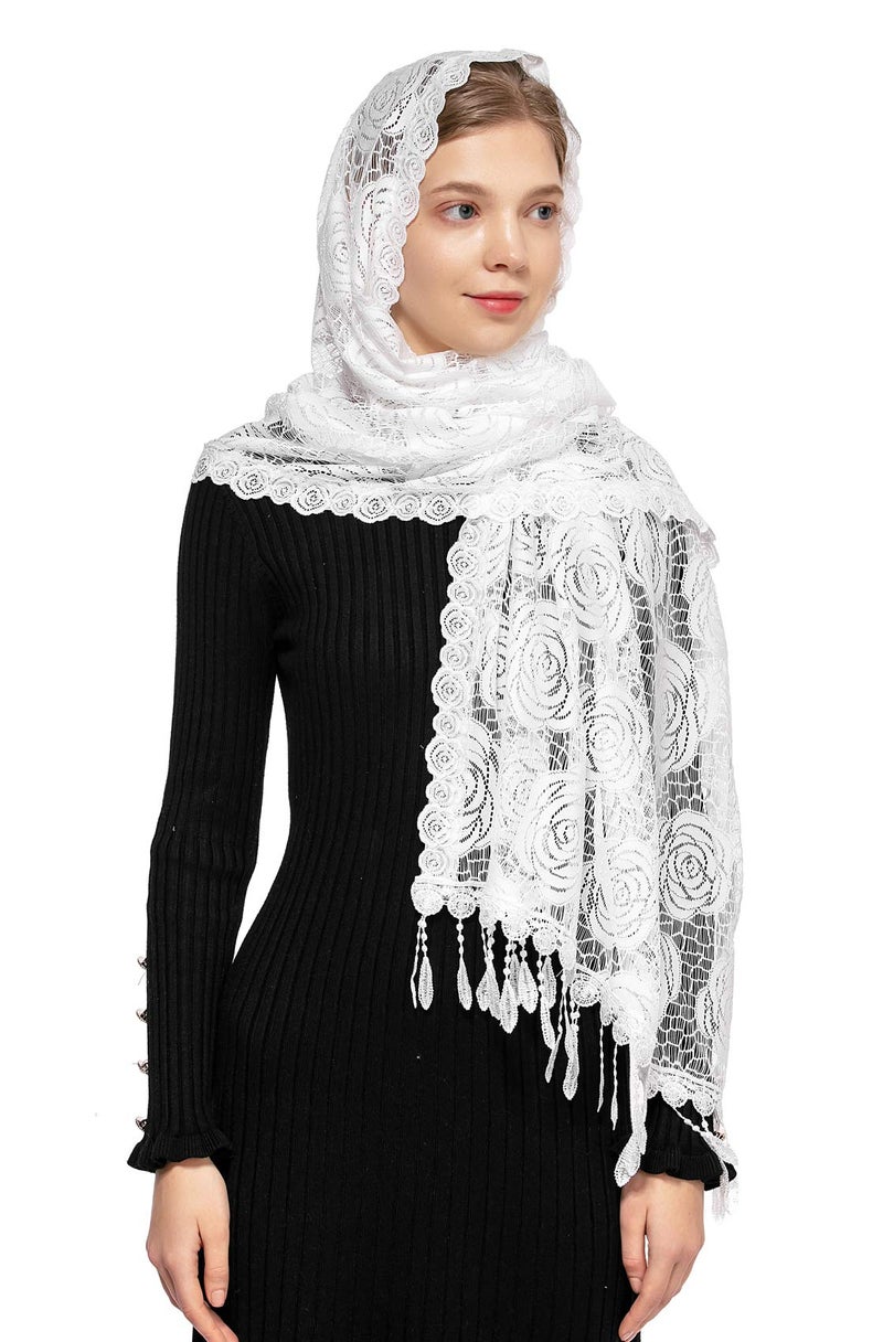 Wgior Rose Rectangular Chapel Veil Scarf Catholic Church Veils Mantilla Wrap Shawl Mass Head Covering (White) - Image 1