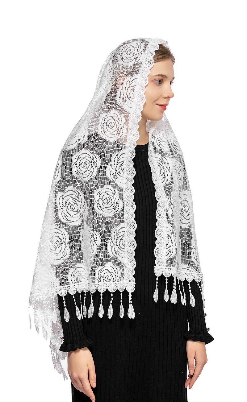 Wgior Rose Rectangular Chapel Veil Scarf Catholic Church Veils Mantilla Wrap Shawl Mass Head Covering (White) - Image 4