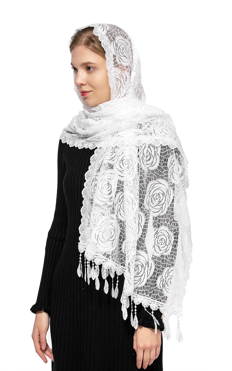 Wgior Rose Rectangular Chapel Veil Scarf Catholic Church Veils Mantilla Wrap Shawl Mass Head Covering (White) - Image 3