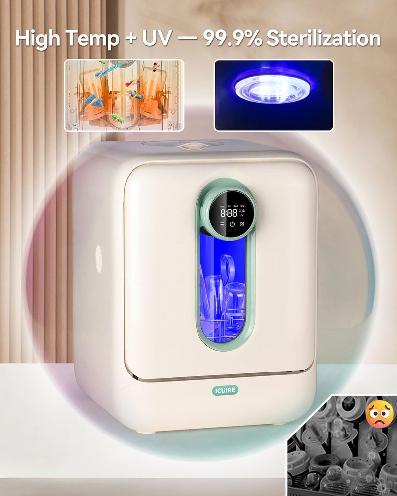 ICUIRE Baby Bottle Washer and Sterilizer and Dryer, 131-167°F High Temperature Sterilize for Baby Stuff, 3.2L Water Tank to Clean Bottles, Pump Part &Pacifiers&Bowl, Newborn Parents One-Hand Operation - Image 4
