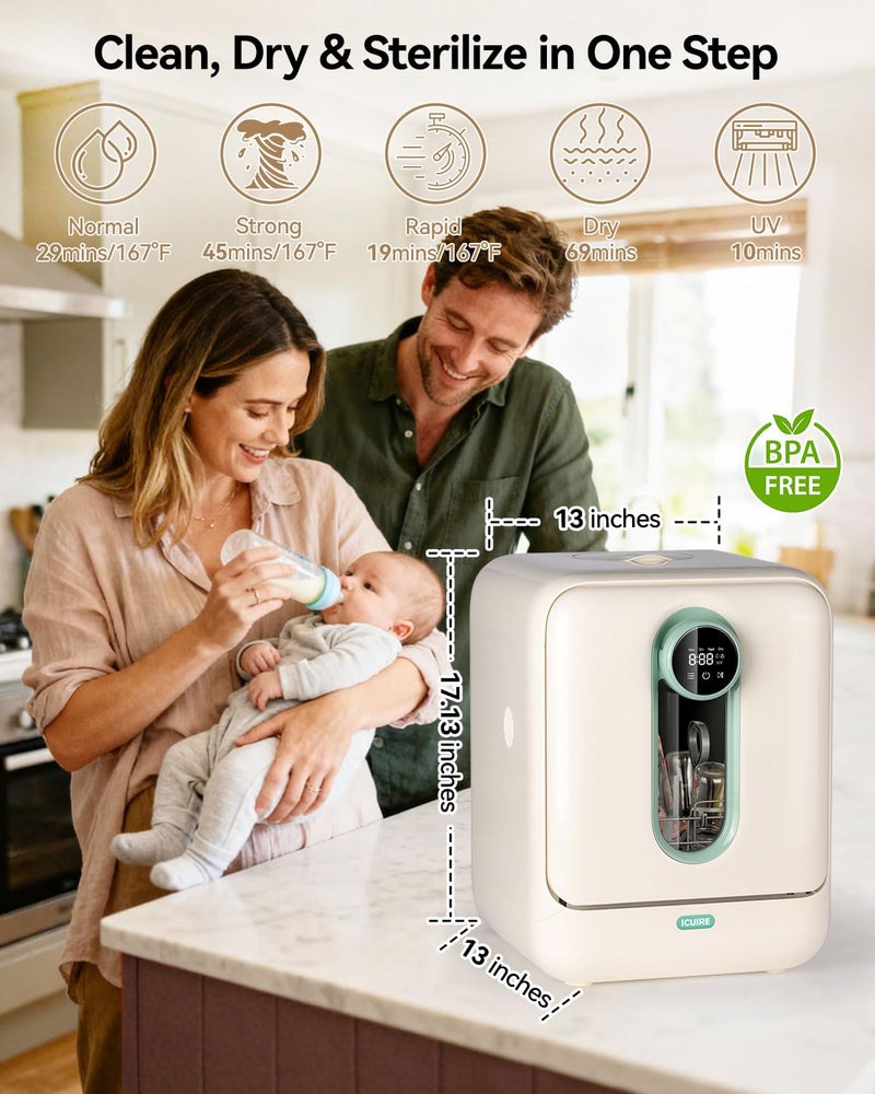 ICUIRE Baby Bottle Washer and Sterilizer and Dryer, 131-167°F High Temperature Sterilize for Baby Stuff, 3.2L Water Tank to Clean Bottles, Pump Part &Pacifiers&Bowl, Newborn Parents One-Hand Operation - Image 3